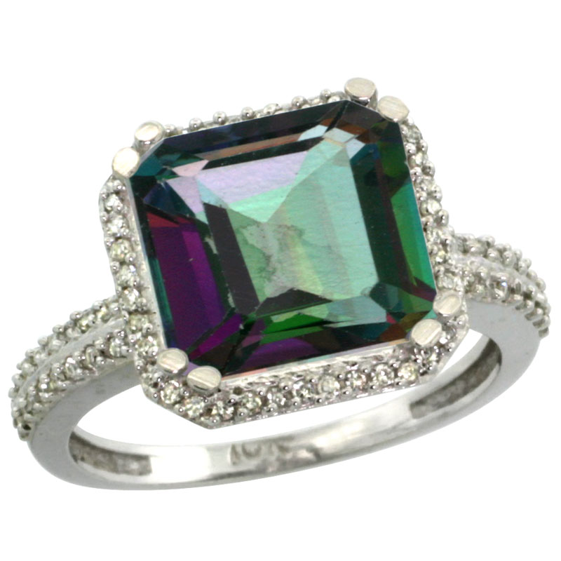 14K White Gold Natural Mystic Topaz Ring Cushion-cut 11x11mm Diamond Halo, sizes 5-10