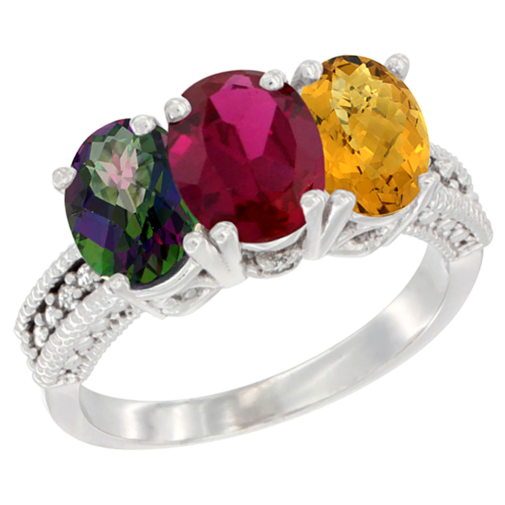 14K White Gold Natural Mystic Topaz, Enhanced Ruby & Natural Whisky Quartz Ring 3-Stone 7x5 mm Oval Diamond Accent, sizes 5 - 10