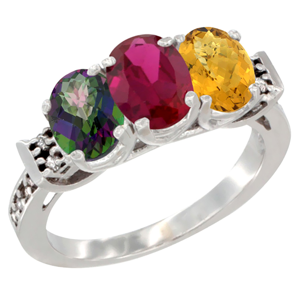 10K White Gold Natural Mystic Topaz, Enhanced Ruby &amp; Natural Whisky Quartz Ring 3-Stone Oval 7x5 mm Diamond Accent, sizes 5 - 10