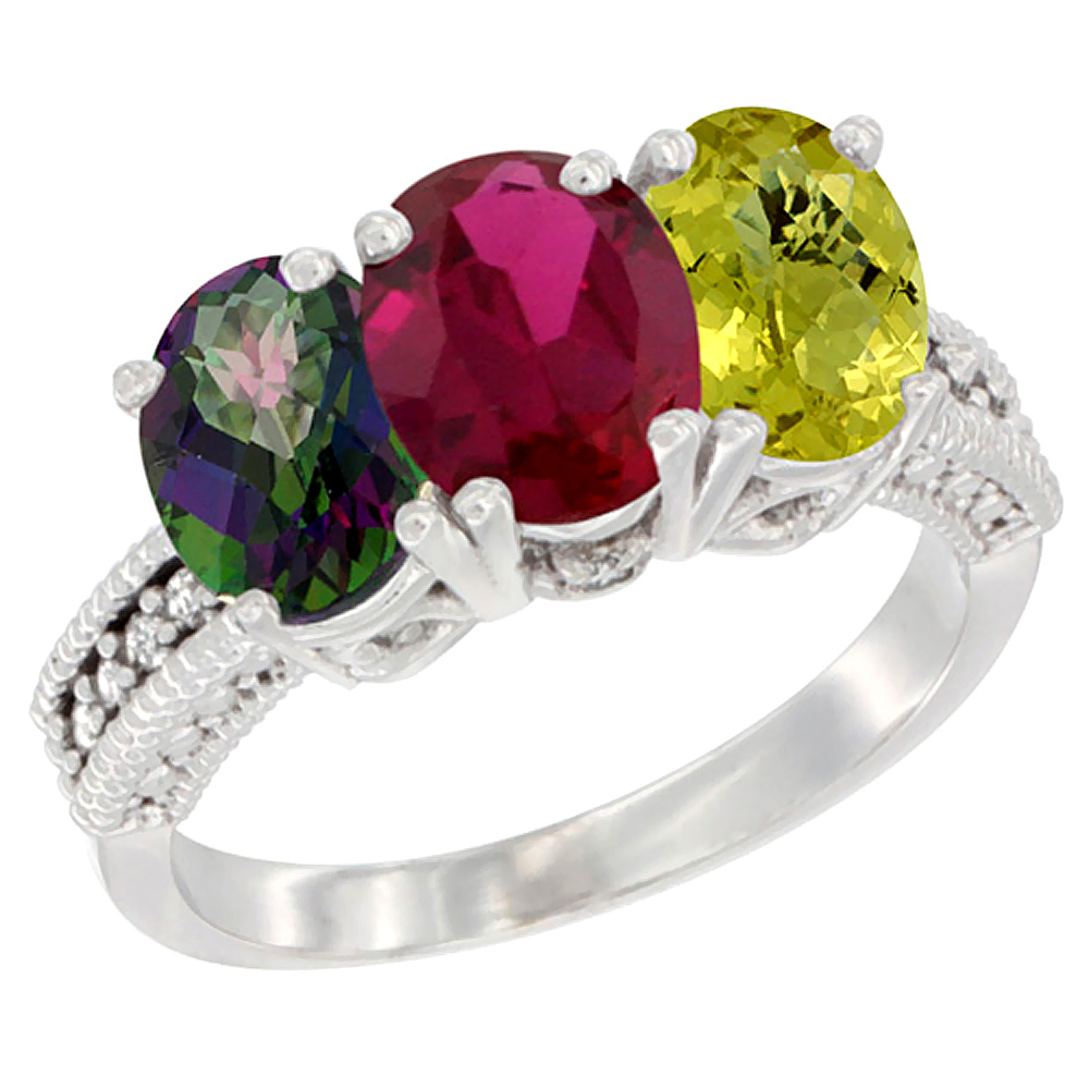 14K White Gold Natural Mystic Topaz, Enhanced Ruby & Natural Lemon Quartz Ring 3-Stone 7x5 mm Oval Diamond Accent, sizes 5 - 10