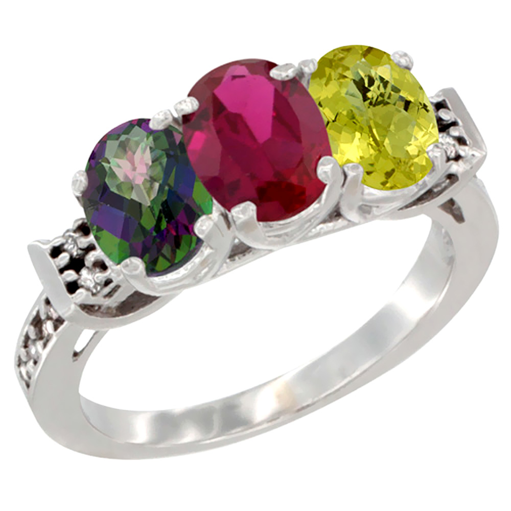 10K White Gold Natural Mystic Topaz, Enhanced Ruby &amp; Natural Lemon Quartz Ring 3-Stone Oval 7x5 mm Diamond Accent, sizes 5 - 10