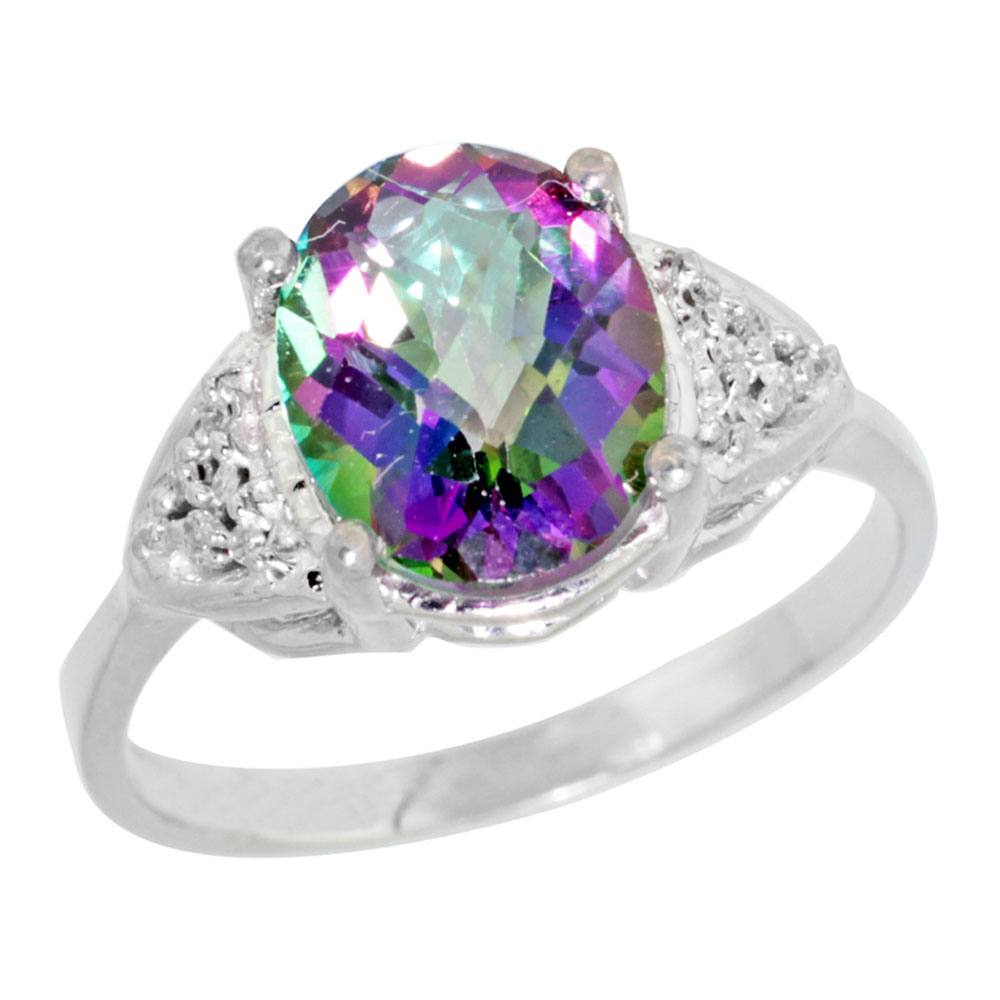 14k White Gold Natural Diamond Mystic Topaz Engagement Ring Oval 10x8mm, sizes 5-10