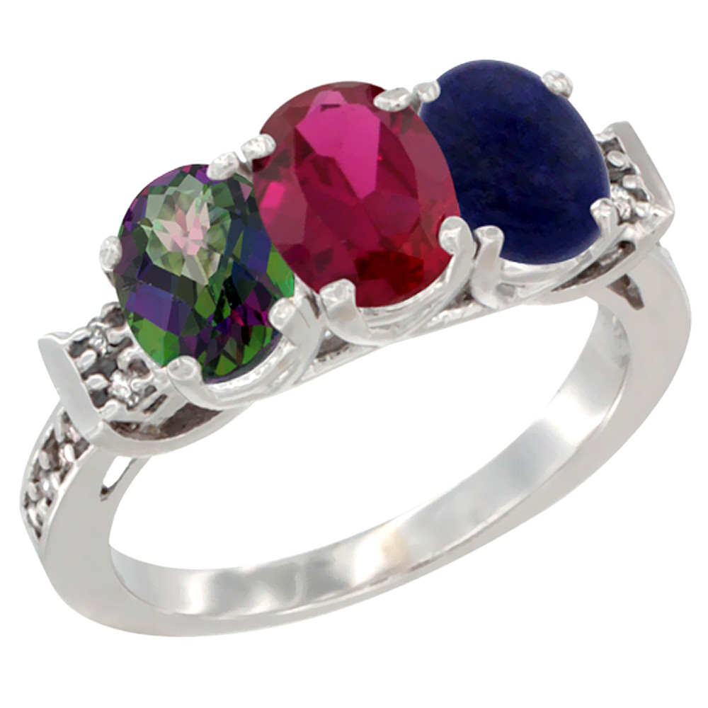 14K White Gold Natural Mystic Topaz, Enhanced Ruby &amp; Natural Lapis Ring 3-Stone Oval 7x5 mm Diamond Accent, sizes 5 - 10