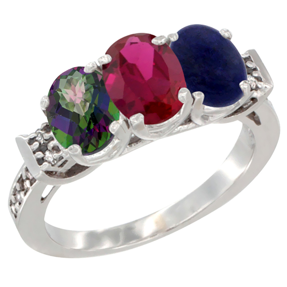 10K White Gold Natural Mystic Topaz, Enhanced Ruby & Natural Lapis Ring 3-Stone Oval 7x5 mm Diamond Accent, sizes 5 - 10