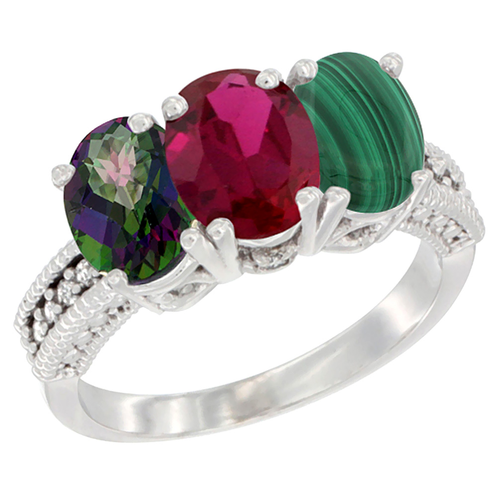 14K White Gold Natural Mystic Topaz, Enhanced Ruby & Natural Malachite Ring 3-Stone 7x5 mm Oval Diamond Accent, sizes 5 - 10