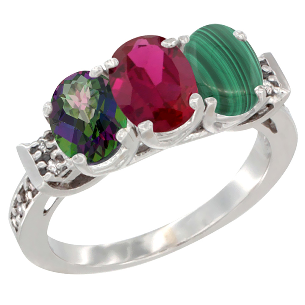 14K White Gold Natural Mystic Topaz, Enhanced Ruby &amp; Natural Malachite Ring 3-Stone Oval 7x5 mm Diamond Accent, sizes 5 - 10