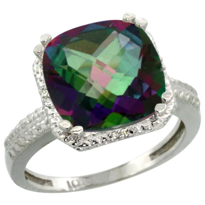 10K White Gold Natural Diamond Mystic Topaz Ring Cushion-cut 11x11mm, sizes 5-10