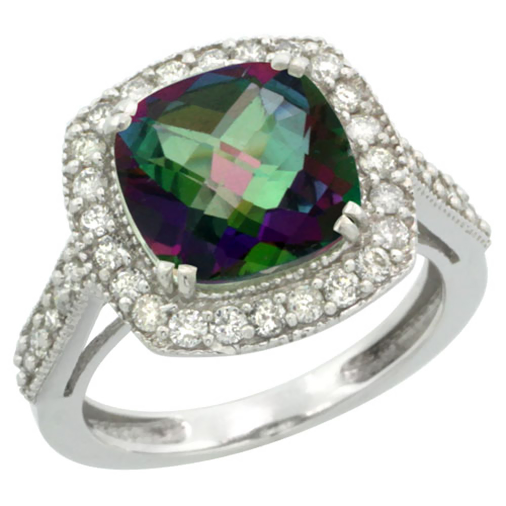 10k White Gold Natural Mystic Topaz Ring Cushion-cut 9x9mm Diamond Halo, sizes 5-10