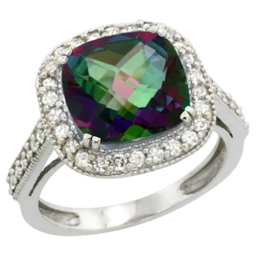 10k White Gold Natural Mystic Topaz Ring Cushion-cut 10x10mm Diamond Halo, sizes 5-10