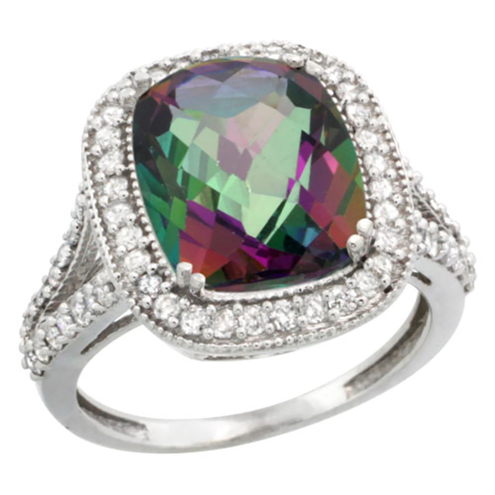 10k White Gold Natural Mystic Topaz Ring Cushion-cut 12x10mm Diamond Halo, sizes 5-10