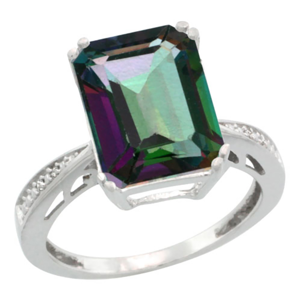 10K White Gold Natural Diamond Mystic Topaz Ring Emerald-cut 12x10mm, sizes 5-10