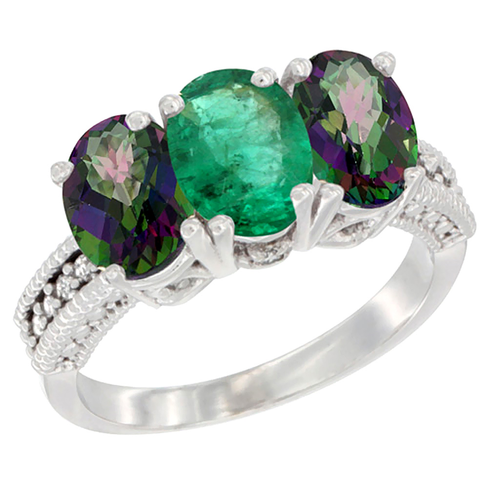 10K White Gold Natural Emerald & Mystic Topaz Sides Ring 3-Stone Oval 7x5 mm Diamond Accent, sizes 5 - 10