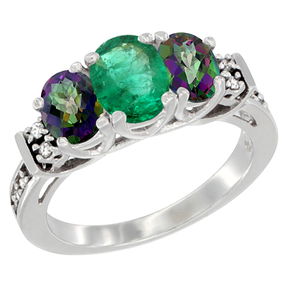 14K White Gold Natural Emerald & Mystic Topaz Ring 3-Stone Oval Diamond Accent, sizes 5-10