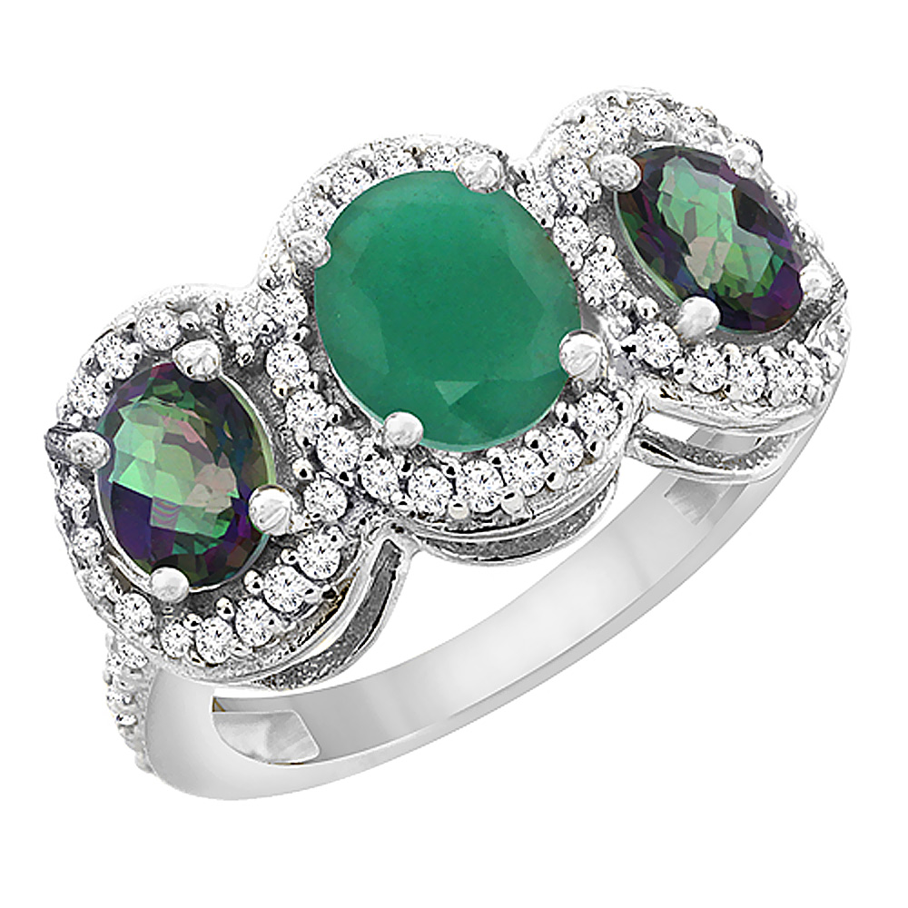 14K White Gold Natural Cabochon Emerald & Mystic Topaz 3-Stone Ring Oval Diamond Accent, sizes 5 - 10