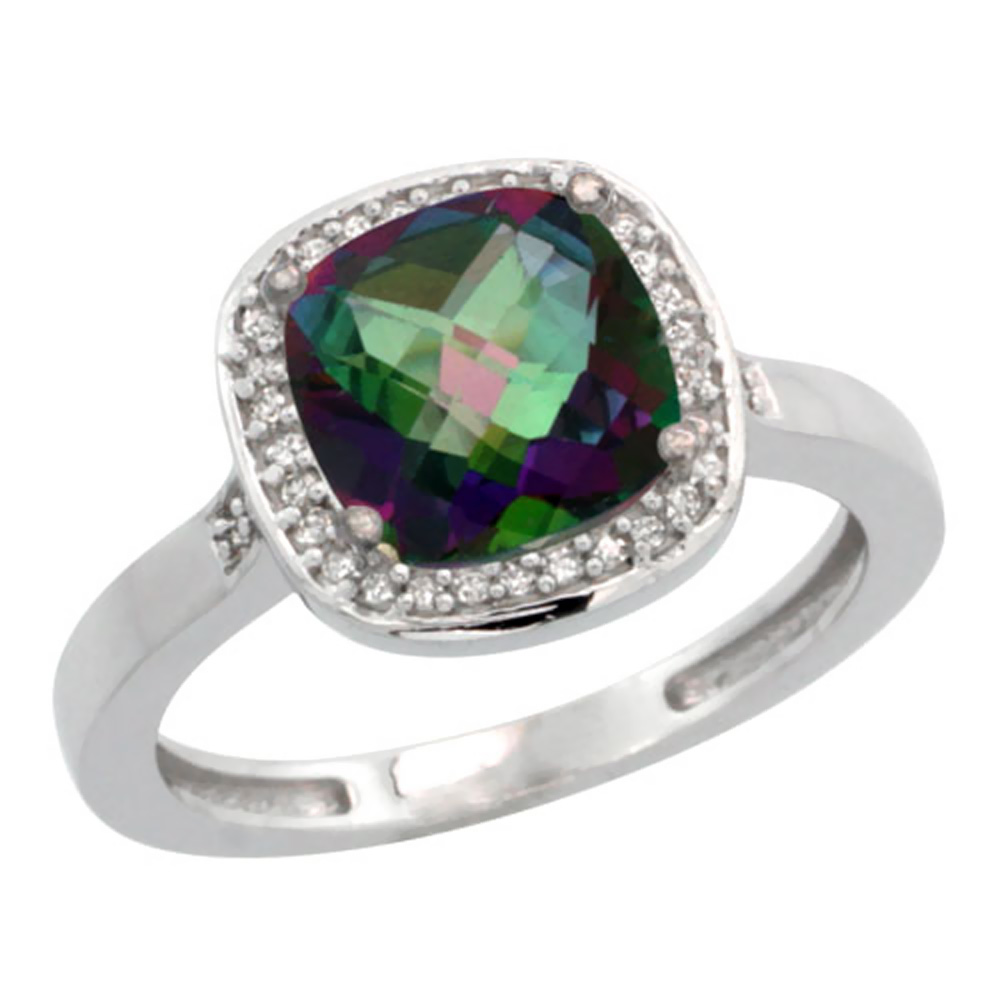 14K White Gold Natural Diamond Mystic Topaz Ring Cushion-cut 8x8mm, sizes 5-10