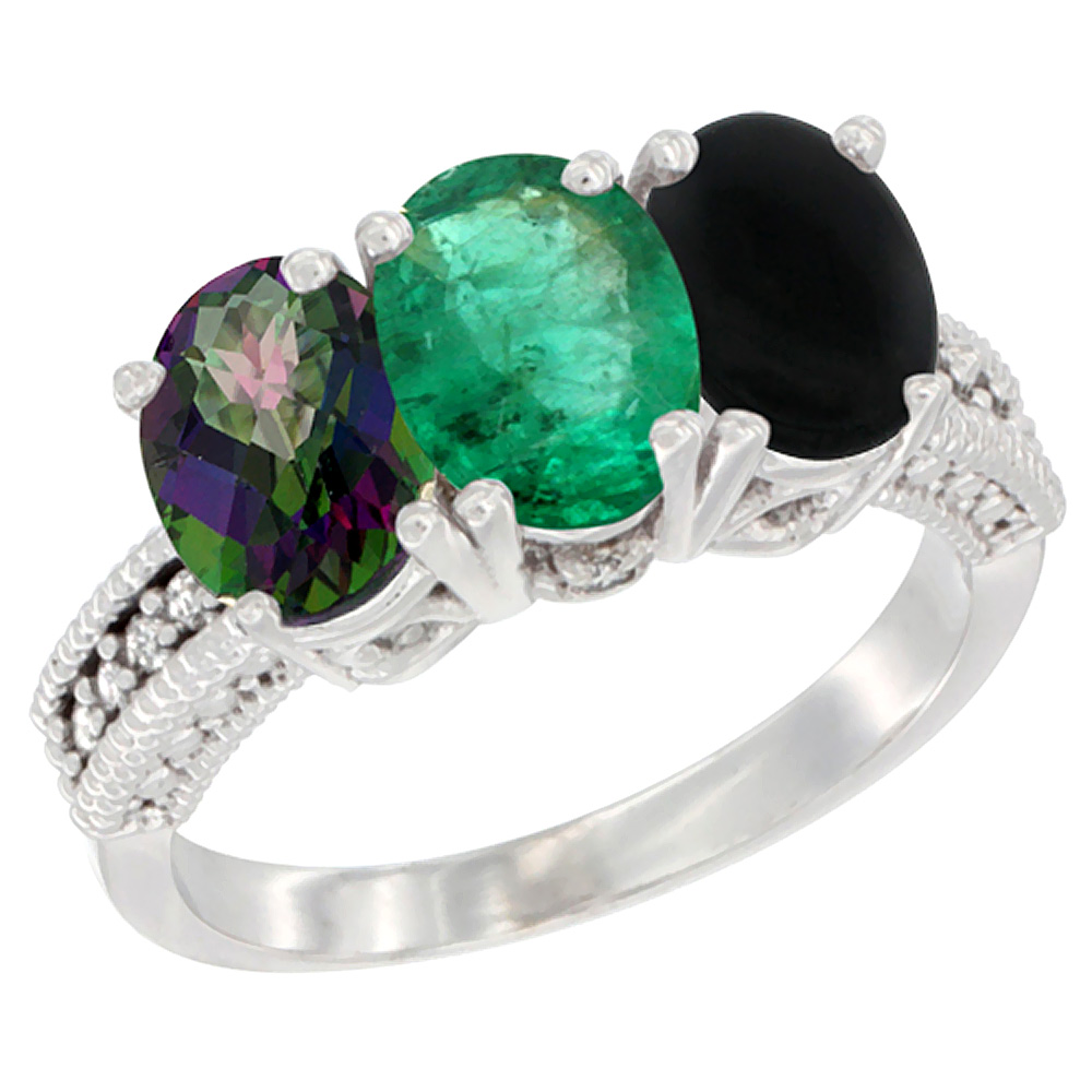 10K White Gold Natural Mystic Topaz, Emerald & Black Onyx Ring 3-Stone Oval 7x5 mm Diamond Accent, sizes 5 - 10