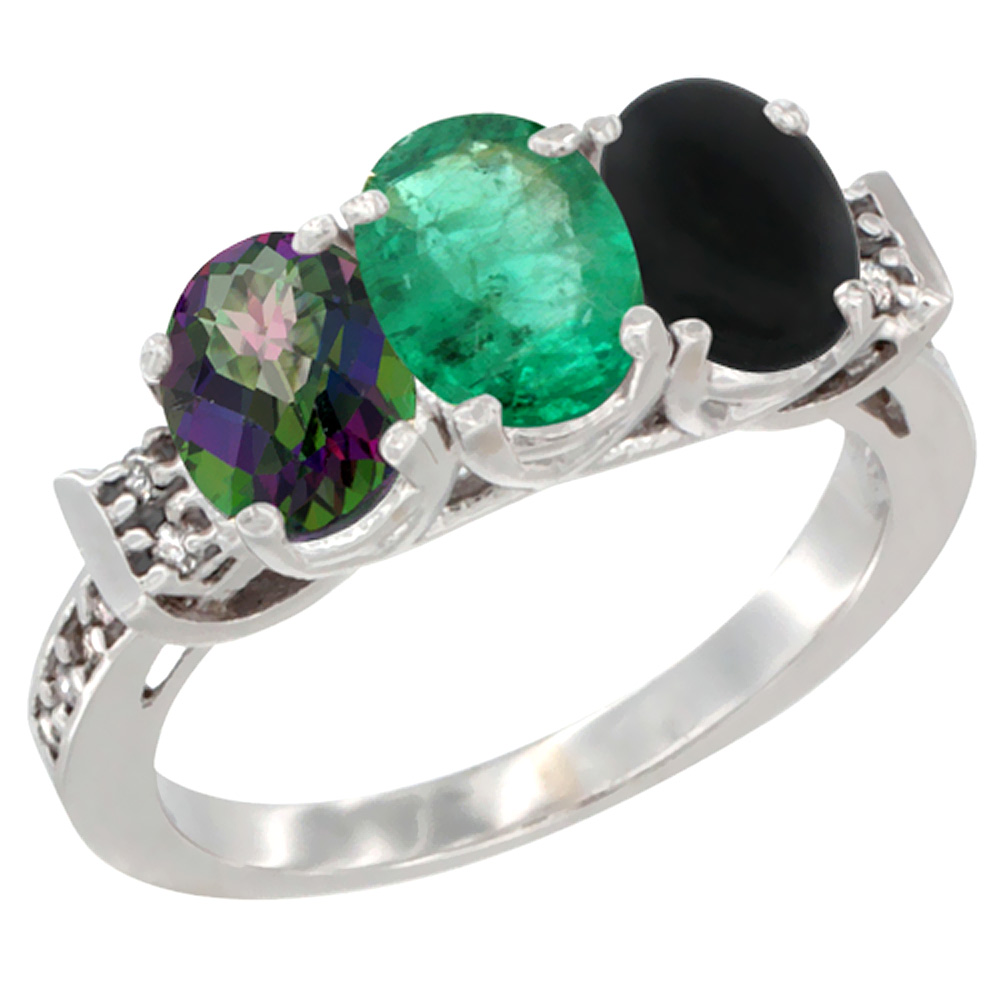 10K White Gold Natural Mystic Topaz, Emerald & Black Onyx Ring 3-Stone Oval 7x5 mm Diamond Accent, sizes 5 - 10