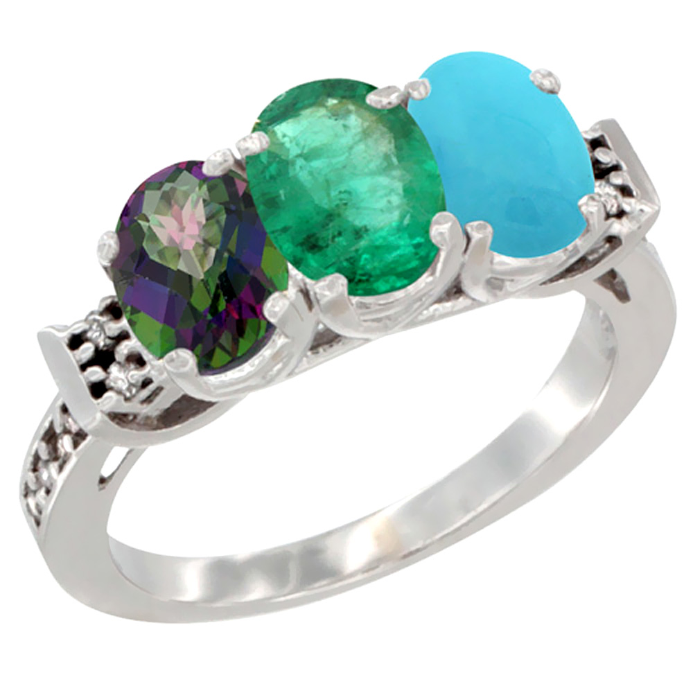 10K White Gold Natural Mystic Topaz, Emerald & Turquoise Ring 3-Stone Oval 7x5 mm Diamond Accent, sizes 5 - 10