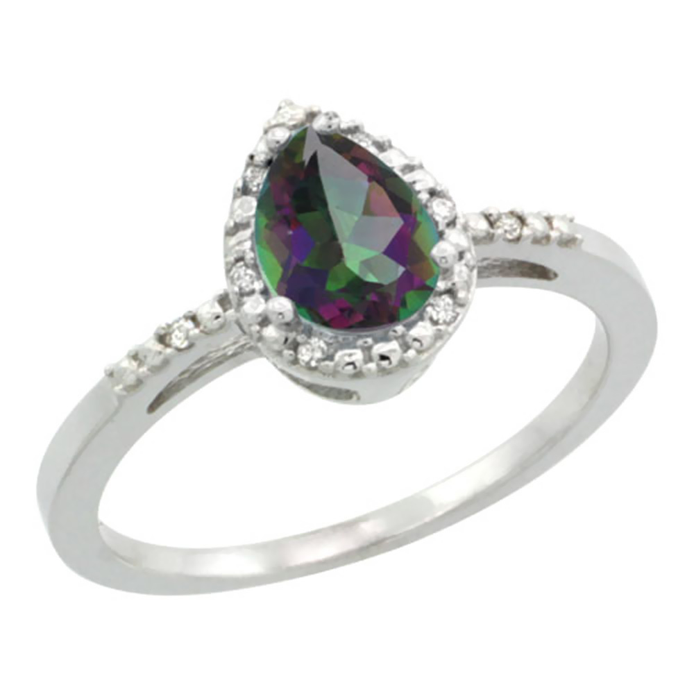 10K White Gold Natural Diamond Mystic Topaz Ring Pear 7x5mm, sizes 5-10