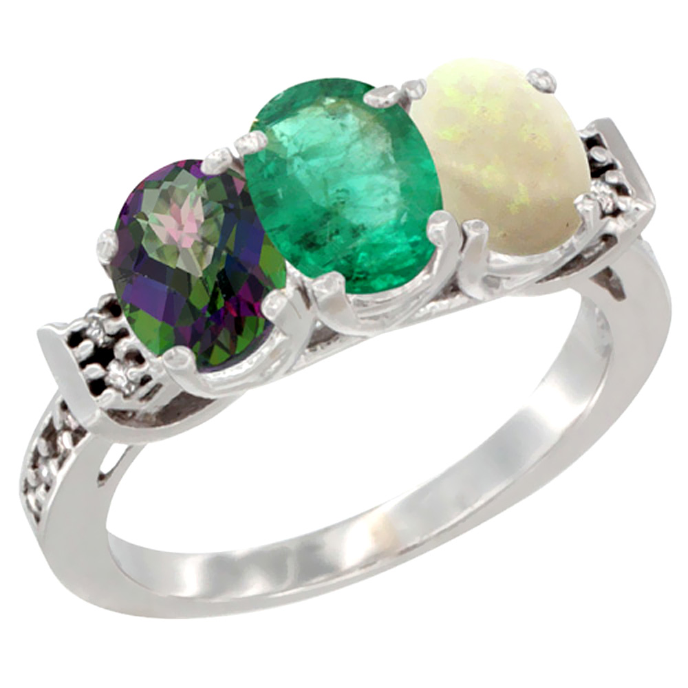 10K White Gold Natural Mystic Topaz, Emerald & Opal Ring 3-Stone Oval 7x5 mm Diamond Accent, sizes 5 - 10