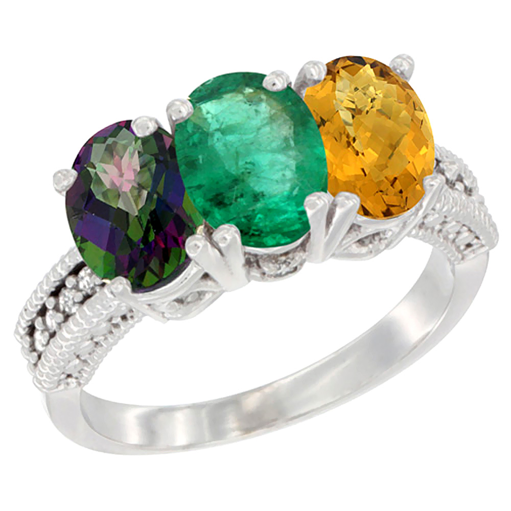 14K White Gold Natural Mystic Topaz, Emerald & Whisky Quartz Ring 3-Stone 7x5 mm Oval Diamond Accent, sizes 5 - 10