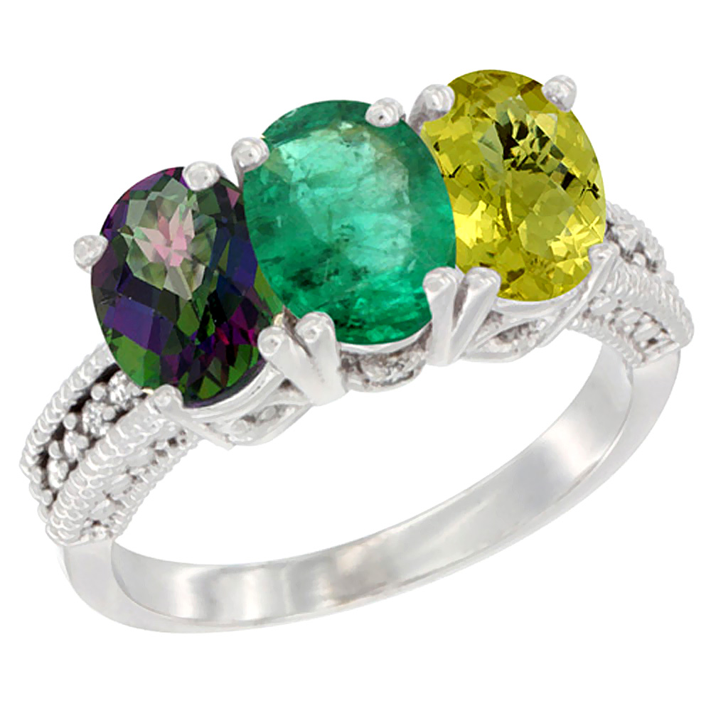 10K White Gold Natural Mystic Topaz, Emerald &amp; Lemon Quartz Ring 3-Stone Oval 7x5 mm Diamond Accent, sizes 5 - 10