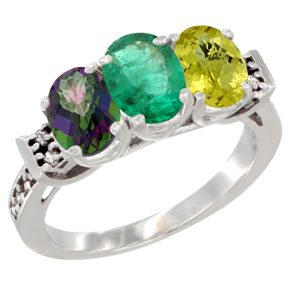 10K White Gold Natural Mystic Topaz, Emerald & Lemon Quartz Ring 3-Stone Oval 7x5 mm Diamond Accent, sizes 5 - 10