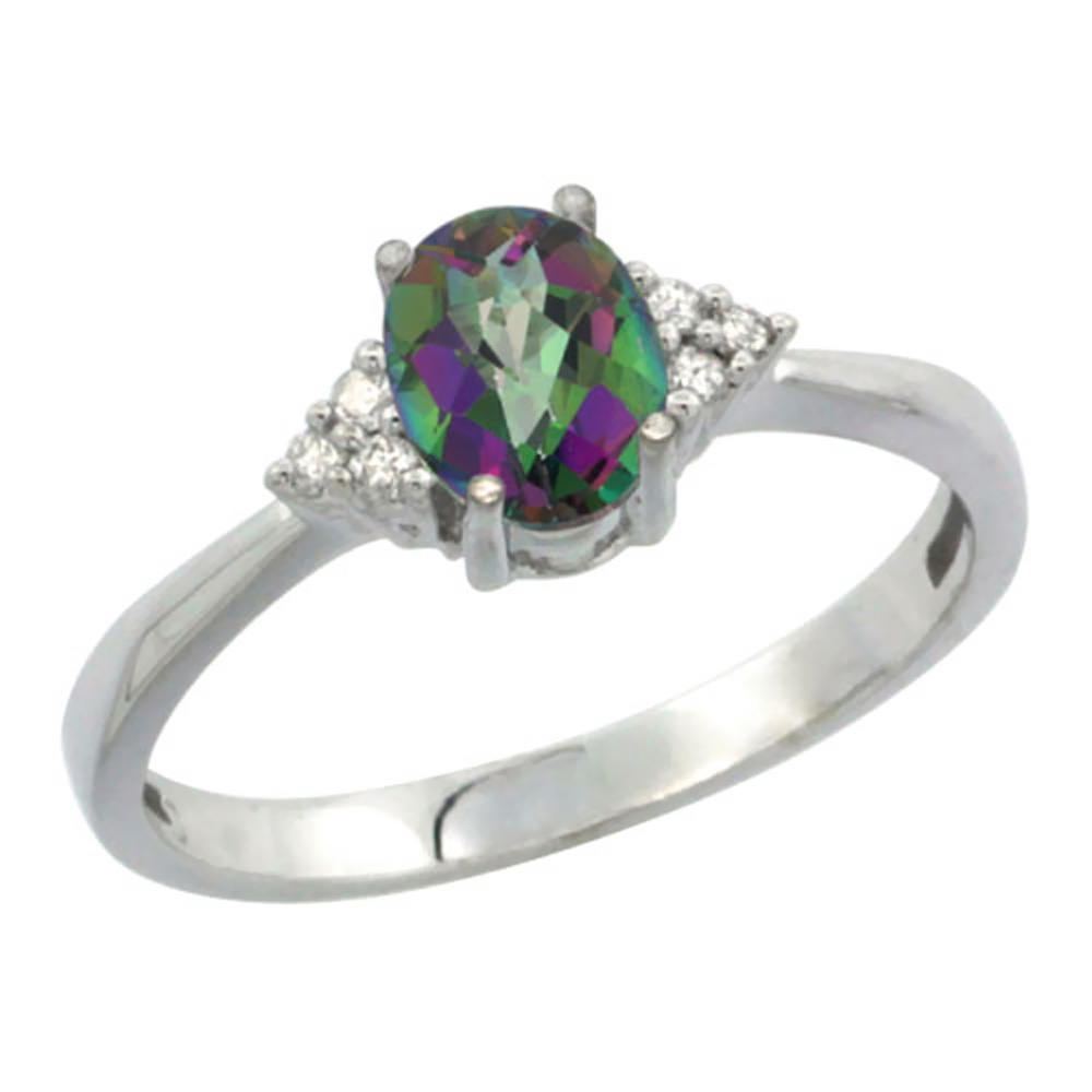 10K White Gold Diamond Natural Mystic Topaz Engagement Ring Oval 7x5mm, sizes 5-10