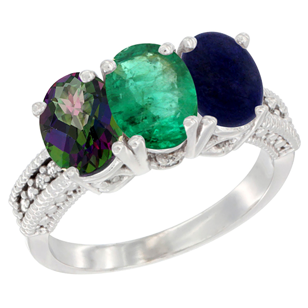 10K White Gold Natural Mystic Topaz, Emerald & Lapis Ring 3-Stone Oval 7x5 mm Diamond Accent, sizes 5 - 10