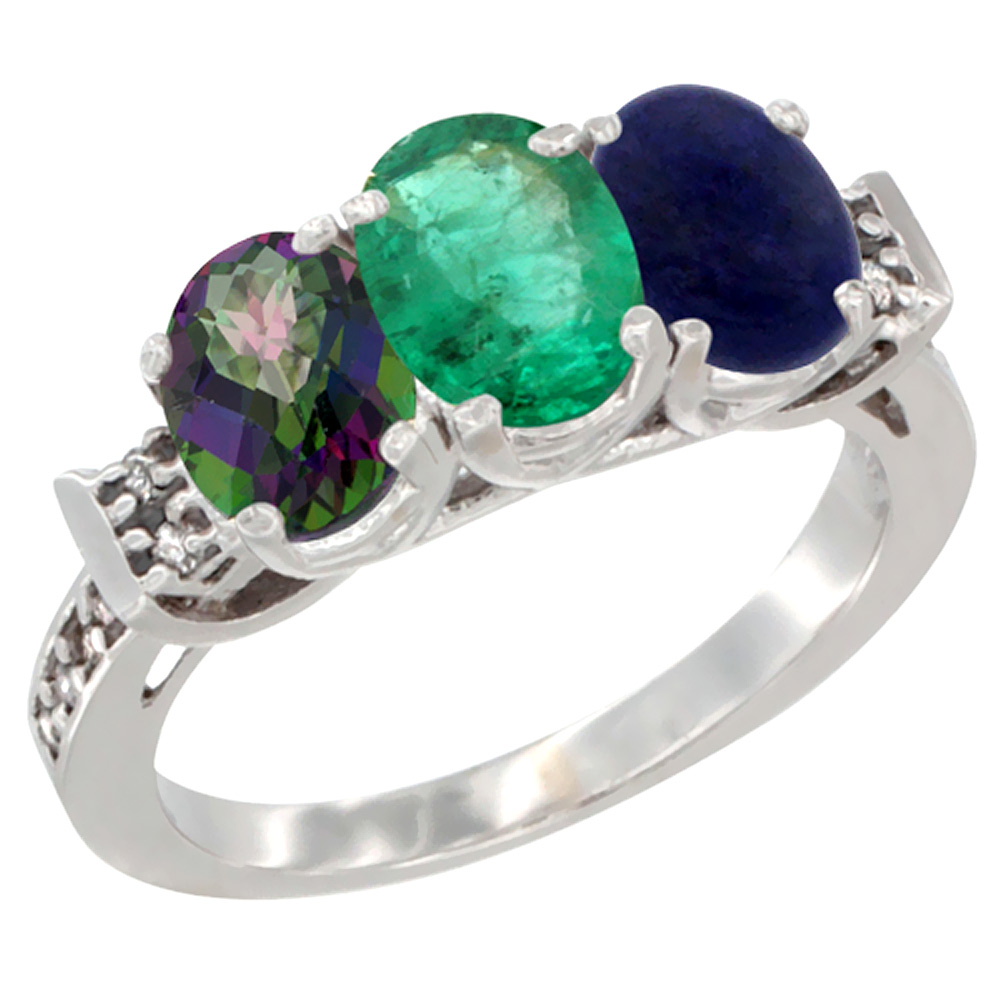 14K White Gold Natural Mystic Topaz, Emerald & Lapis Ring 3-Stone 7x5 mm Oval Diamond Accent, sizes 5 - 10