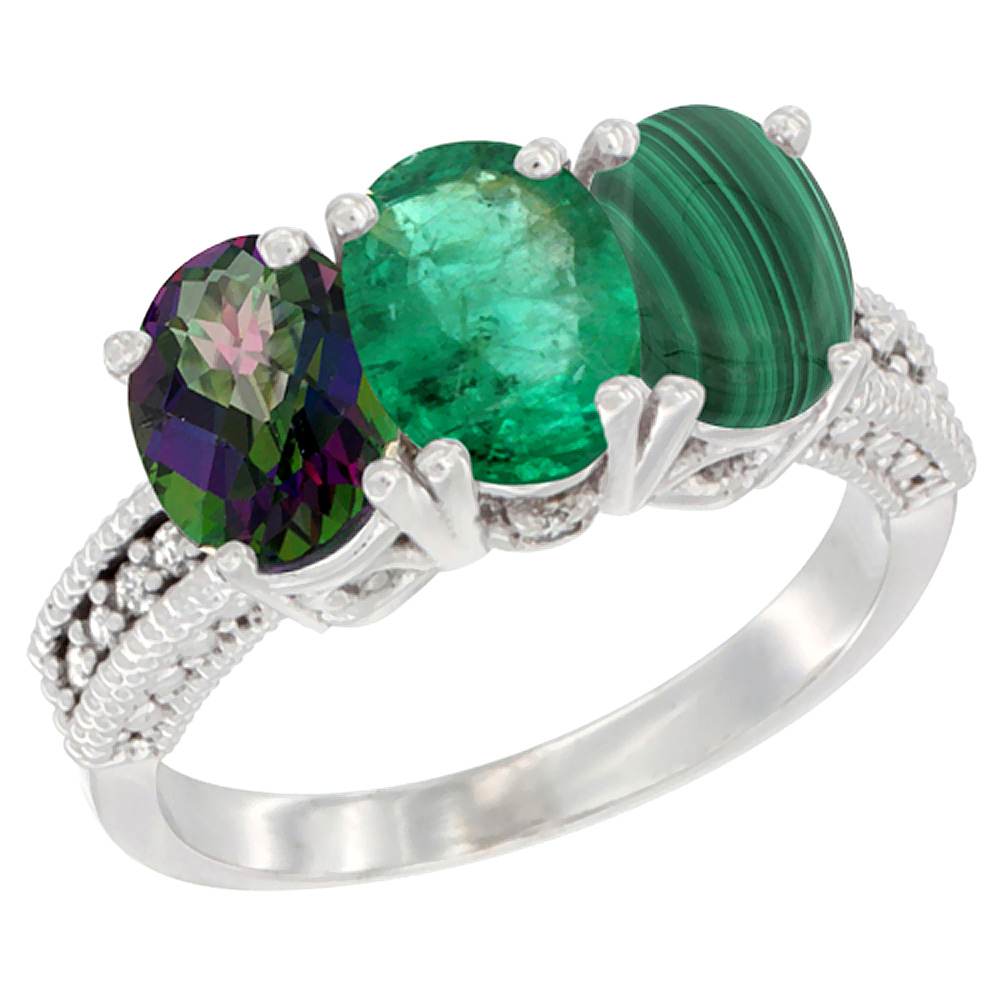 10K White Gold Natural Mystic Topaz, Emerald & Malachite Ring 3-Stone Oval 7x5 mm Diamond Accent, sizes 5 - 10