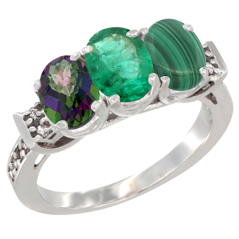 10K White Gold Natural Mystic Topaz, Emerald & Malachite Ring 3-Stone Oval 7x5 mm Diamond Accent, sizes 5 - 10