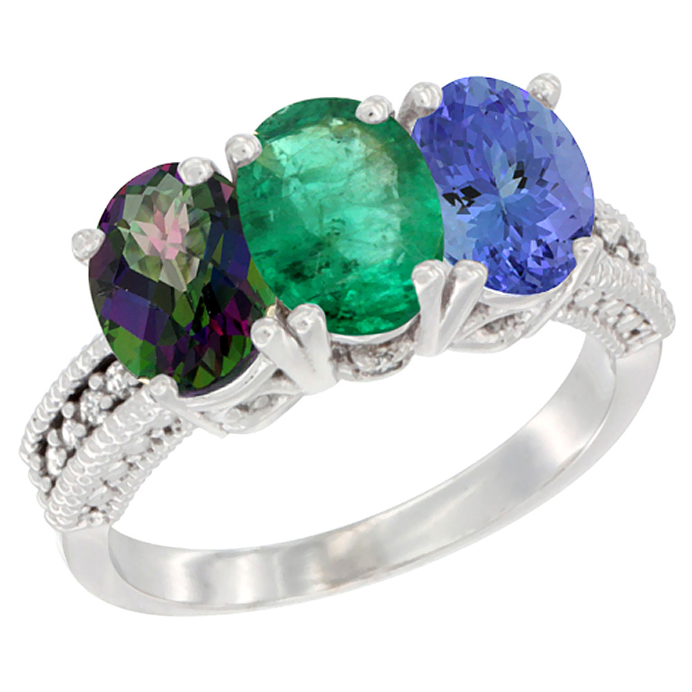 14K White Gold Natural Mystic Topaz, Emerald & Tanzanite Ring 3-Stone 7x5 mm Oval Diamond Accent, sizes 5 - 10