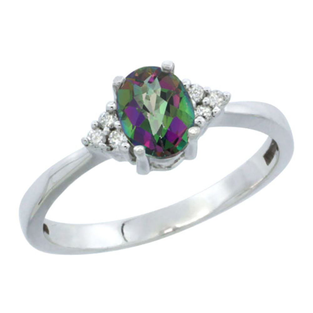 14K White Gold Natural Mystic Topaz Ring Oval 6x4mm Diamond Accent, sizes 5-10