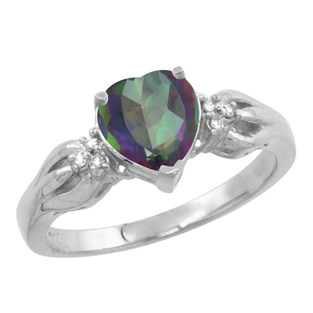 14K White Gold Natural Mystic Topaz Ring Heart-shape 7x7mm Diamond Accent, sizes 5-10