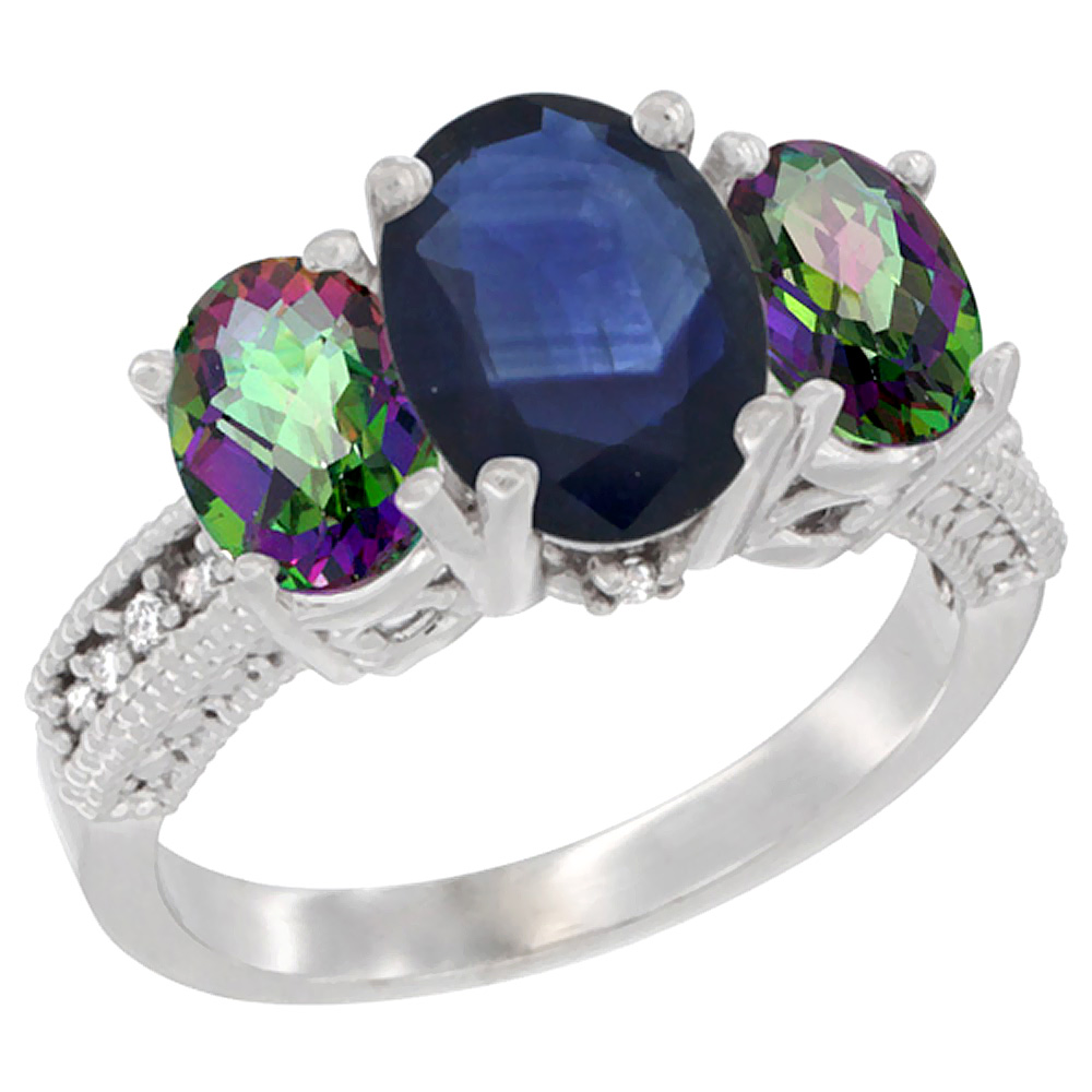 10K White Gold Diamond Natural Quality Blue Sapphire 8x6mm&amp;7x5mm Mystic Topaz Oval 3-stone Ring, size5-10