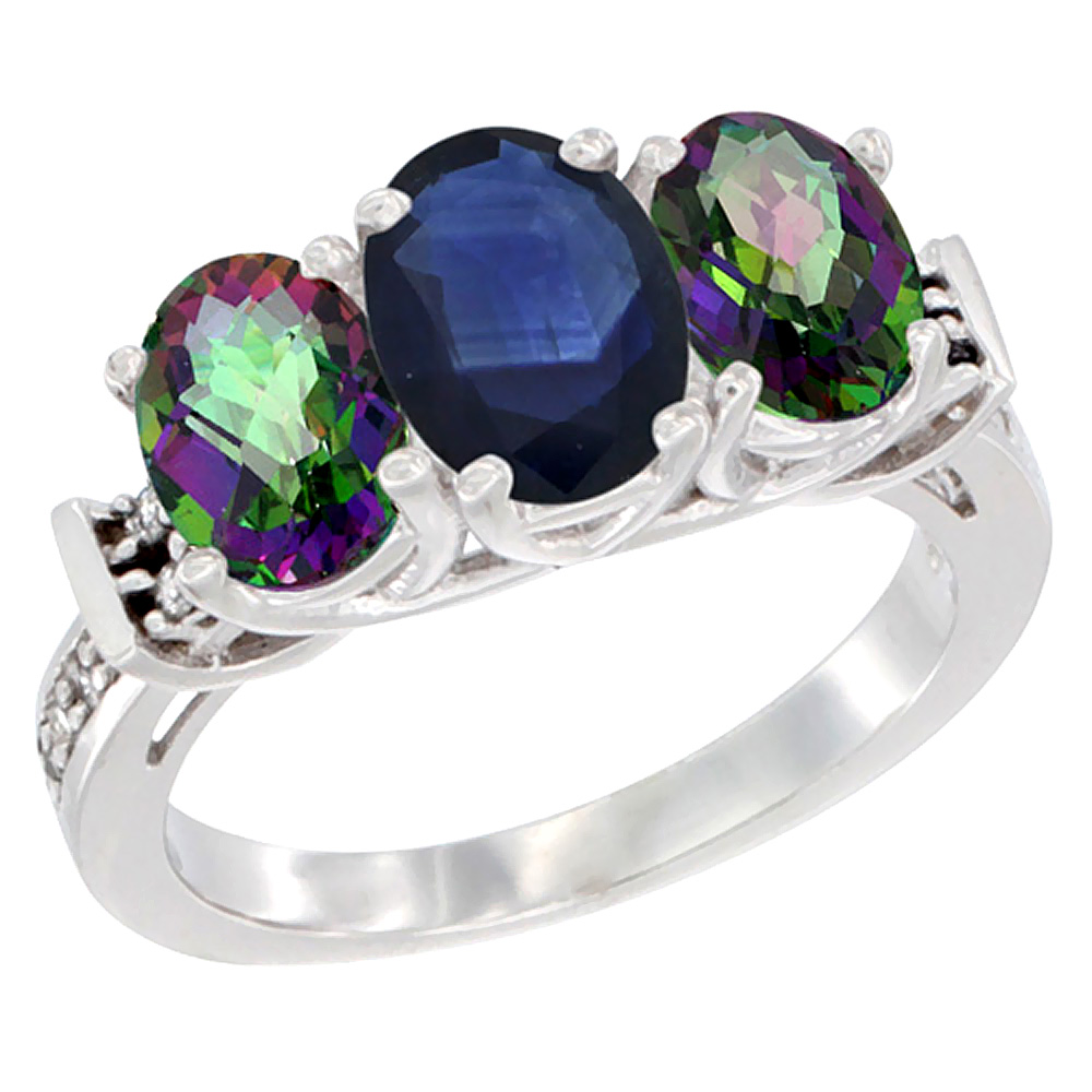 10K White Gold Natural Blue Sapphire & Mystic Topaz Sides Ring 3-Stone Oval Diamond Accent, sizes 5 - 10