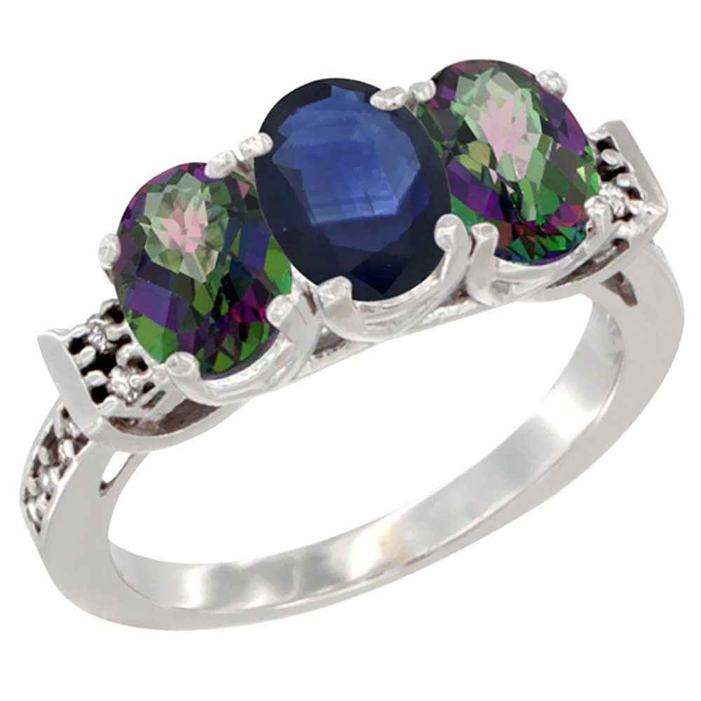 10K White Gold Natural Blue Sapphire & Mystic Topaz Sides Ring 3-Stone Oval 7x5 mm Diamond Accent, sizes 5 - 10