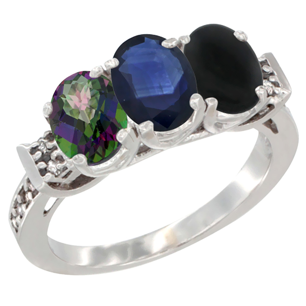 10K White Gold Natural Mystic Topaz, Blue Sapphire &amp; Black Onyx Ring 3-Stone Oval 7x5 mm Diamond Accent, sizes 5 - 10