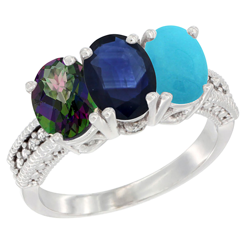 14K White Gold Natural Mystic Topaz, Blue Sapphire & Turquoise Ring 3-Stone 7x5 mm Oval Diamond Accent, sizes 5 - 10