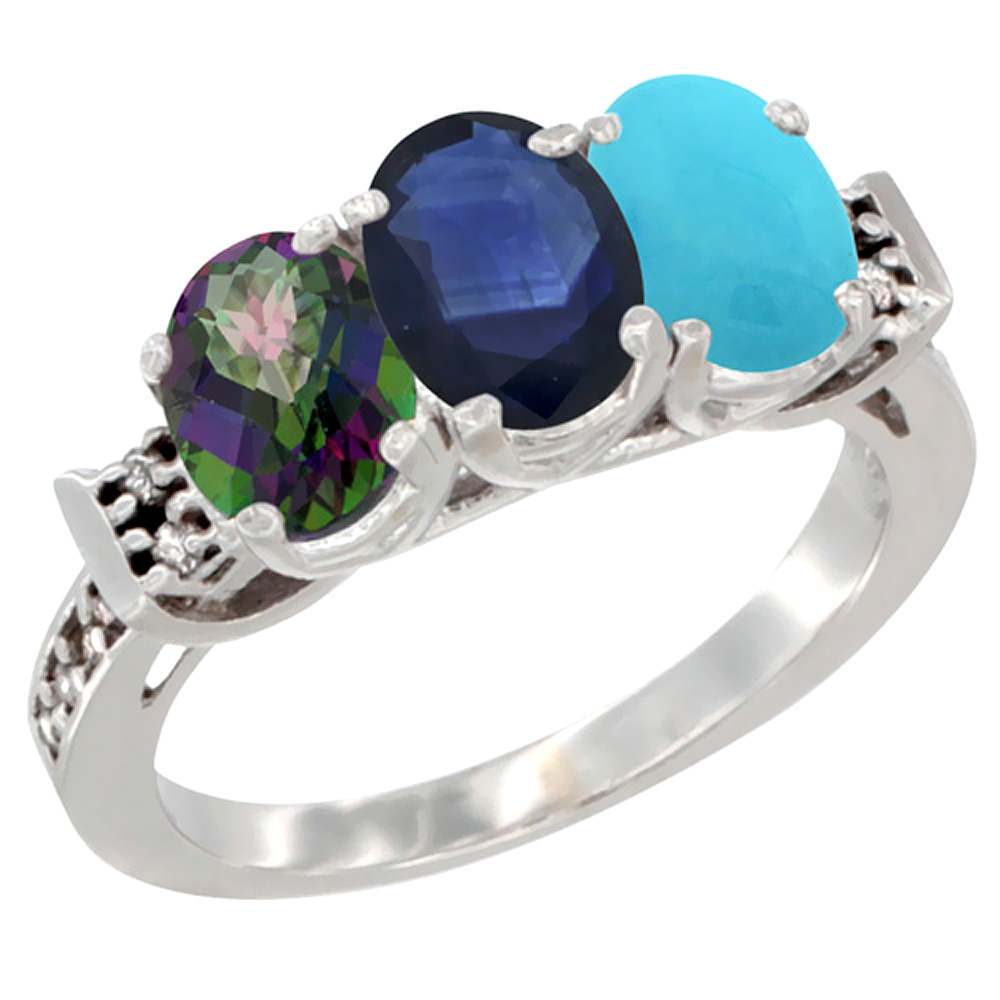 10K White Gold Natural Mystic Topaz, Blue Sapphire &amp; Turquoise Ring 3-Stone Oval 7x5 mm Diamond Accent, sizes 5 - 10