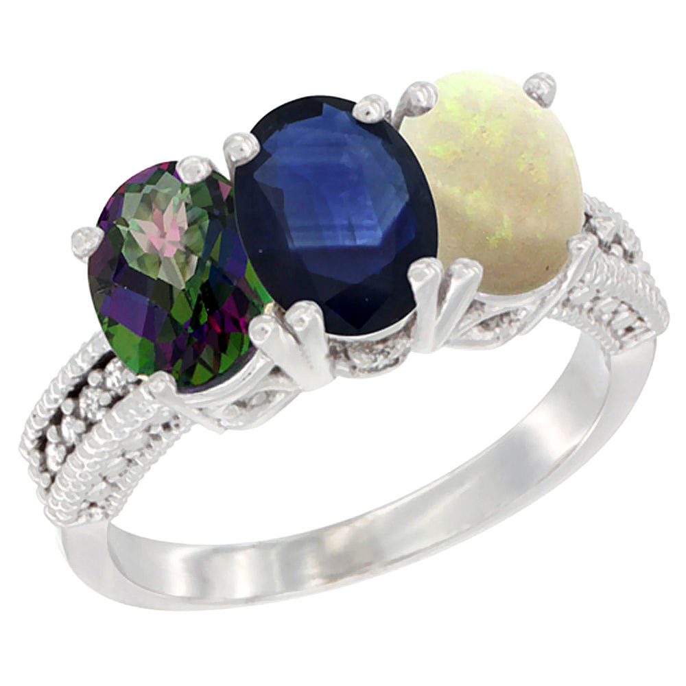 14K White Gold Natural Mystic Topaz, Blue Sapphire &amp; Opal Ring 3-Stone 7x5 mm Oval Diamond Accent, sizes 5 - 10