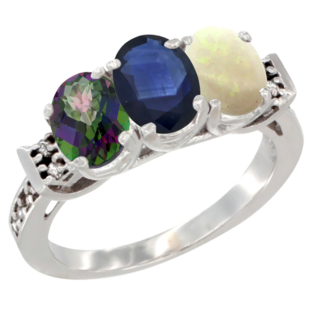 10K White Gold Natural Mystic Topaz, Blue Sapphire &amp; Opal Ring 3-Stone Oval 7x5 mm Diamond Accent, sizes 5 - 10