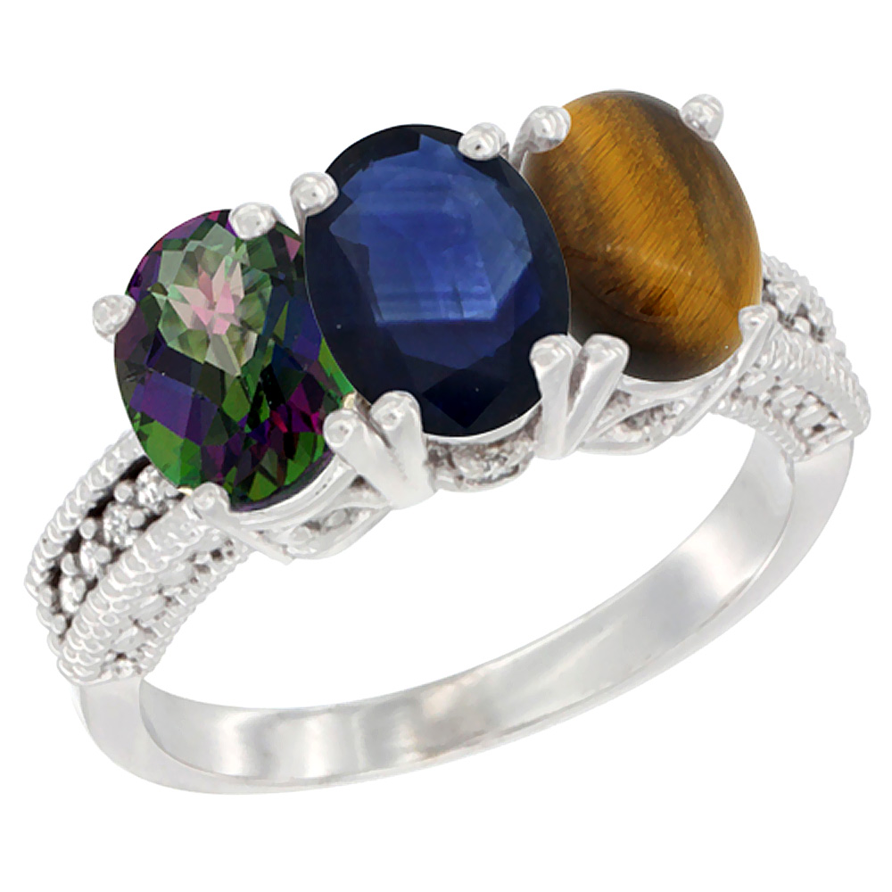 10K White Gold Natural Mystic Topaz, Blue Sapphire & Tiger Eye Ring 3-Stone Oval 7x5 mm Diamond Accent, sizes 5 - 10