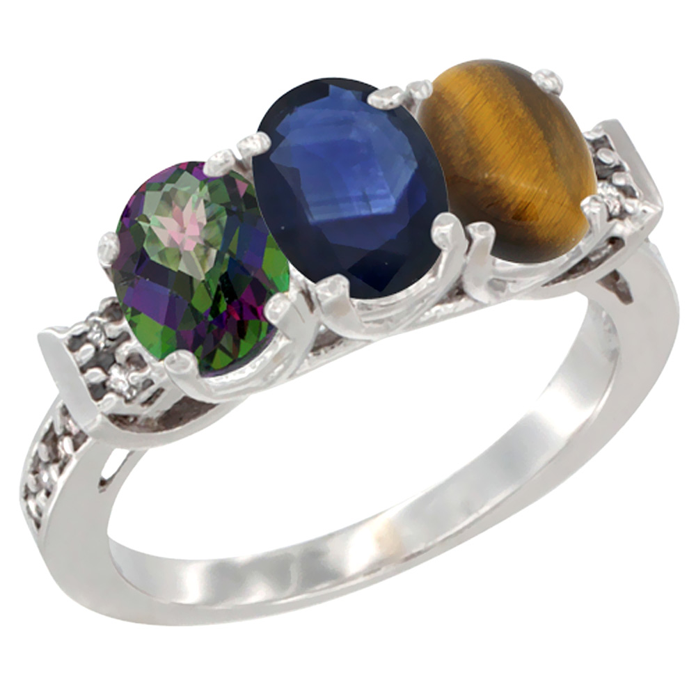 14K White Gold Natural Mystic Topaz, Blue Sapphire & Tiger Eye Ring 3-Stone 7x5 mm Oval Diamond Accent, sizes 5 - 10