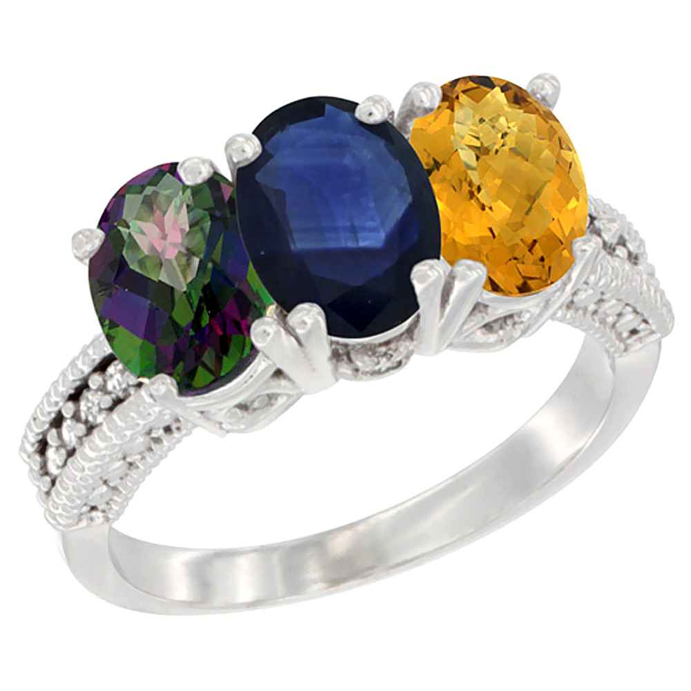 14K White Gold Natural Mystic Topaz, Blue Sapphire & Whisky Quartz Ring 3-Stone 7x5 mm Oval Diamond Accent, sizes 5 - 10