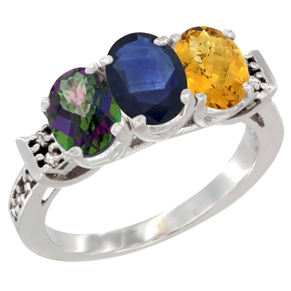 14K White Gold Natural Mystic Topaz, Blue Sapphire &amp; Whisky Quartz Ring 3-Stone 7x5 mm Oval Diamond Accent, sizes 5 - 10