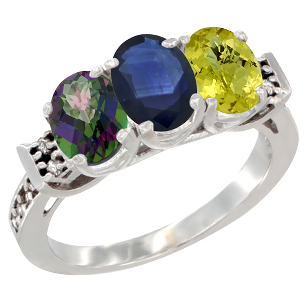 14K White Gold Natural Mystic Topaz, Blue Sapphire &amp; Lemon Quartz Ring 3-Stone 7x5 mm Oval Diamond Accent, sizes 5 - 10