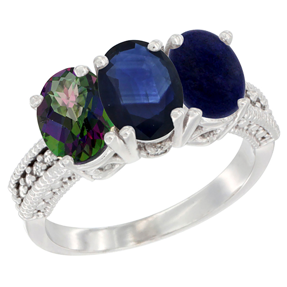 14K White Gold Natural Mystic Topaz, Blue Sapphire &amp; Lapis Ring 3-Stone 7x5 mm Oval Diamond Accent, sizes 5 - 10