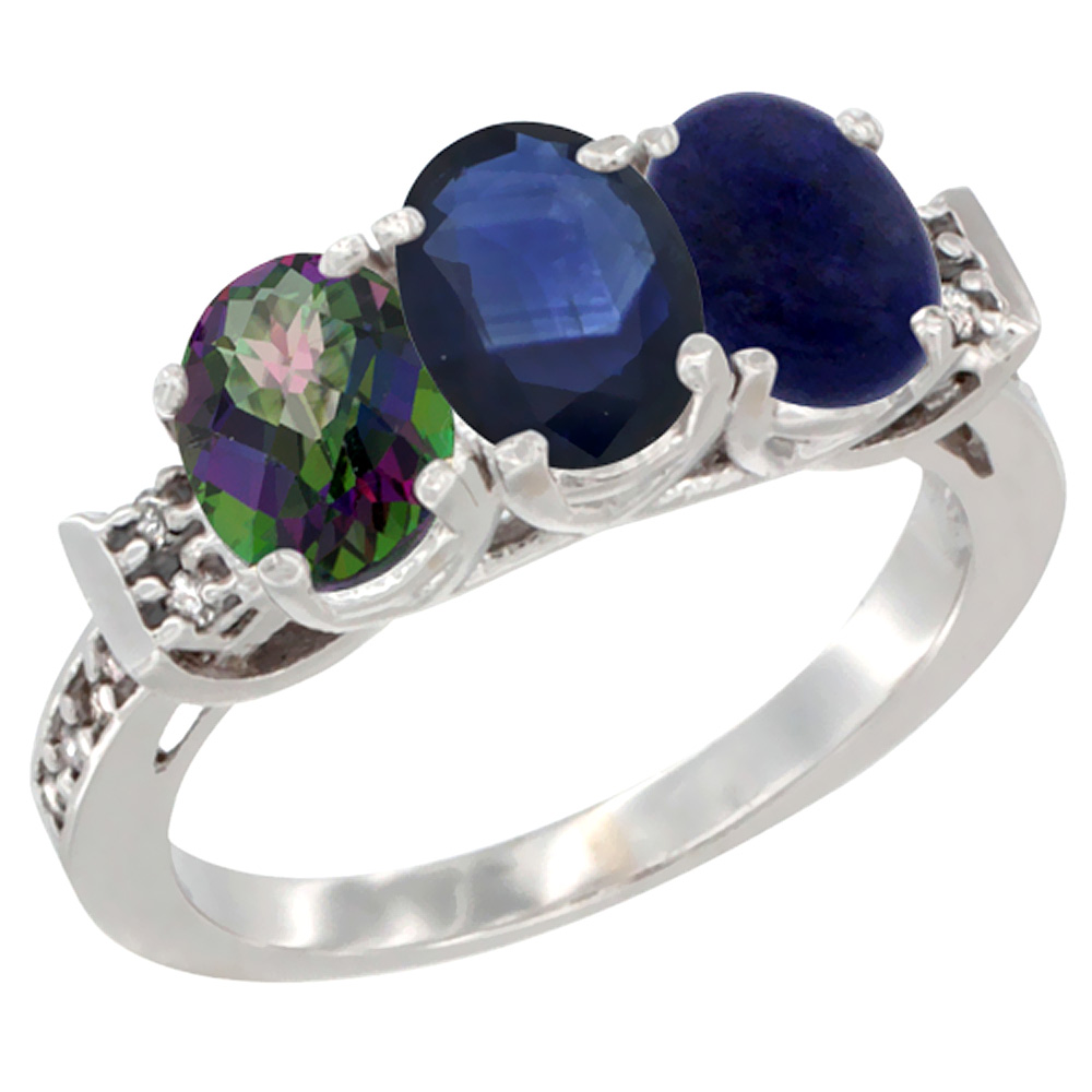 14K White Gold Natural Mystic Topaz, Blue Sapphire &amp; Lapis Ring 3-Stone 7x5 mm Oval Diamond Accent, sizes 5 - 10